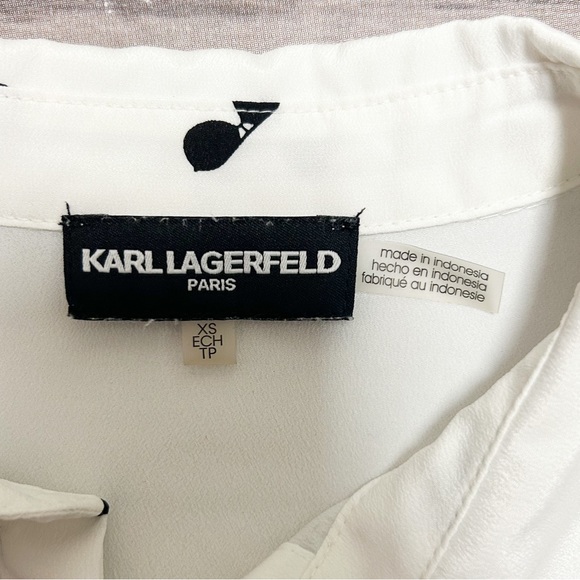 Karl Lagerfeld White Black Sunglasses Roll Tab Sleeve Button Up Collar Blouse XS - Picture 14 of 15